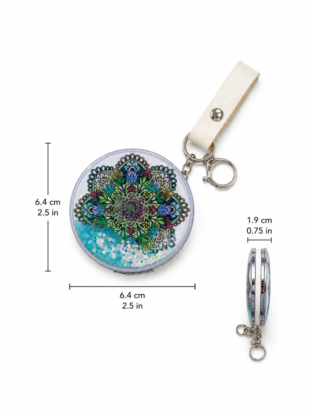 Floral Mandala Pocket Mirror Keychain with White Strap